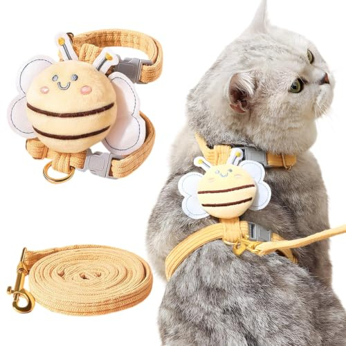 MOTIBACK Cat Harness and Lead Set, Escape Proof Adjustable Kitten Vest Harness with Leash, Cute Bee Design for Small Medium Cats Dogs Pets Walking Exercise Travel Outdoor (Yellow, S)