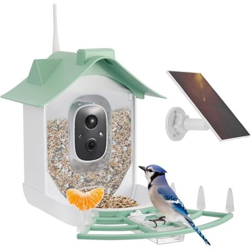 Vogelfutterstation mit Kamera, Solar-Vogelhaus für den Außenbereich, 1080P Vogelfutterstation, wetterfest IP66 – AI-Tracking von über 10.000 Vogelarten (Grün)