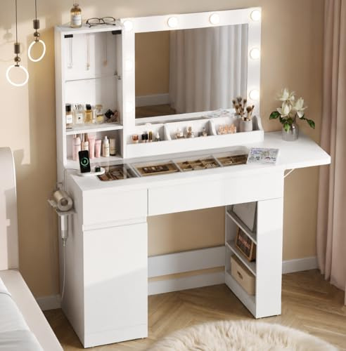 Dripex Dressing Table with Mirror and Transparent Glass Top, 8 LED Bulbs
