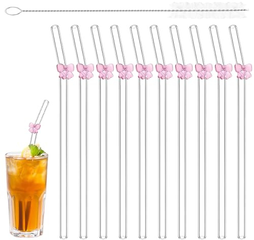 11 Pcs Glass Straws Drinking with Pink Bow Charms Reusable Clear Glass Drinking Straws with Cleaning Brush for Smoothie Coffee Cocktail Juice Milkshake Straws, 20cm Long Straw