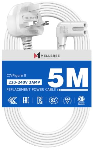 Power Cable Compatible with Samsumg TV 5M, Mellbree Quality Safe Right Angle Suitable for Awkward Space Figure 8 Power Cable Compatible with Samsung, LG, Panasonic TV White