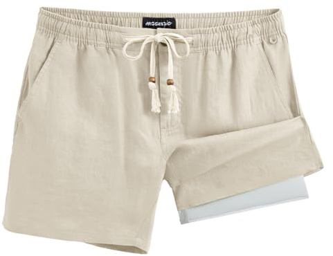 maamgic Mens Casual Linen Shorts 5.5 Inch Elastic Waist Drawstring Summer 2 in 1 Beach Short with Pockets