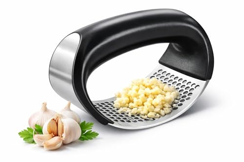Handheld Garlic Press Stainless Steel Rocker with Ergonomic Handle for Smooth Garlic Paste Over Cutting Board Or Bowl, Easy Clean Kitchen Tool for Fast Everyday Cooking Prep