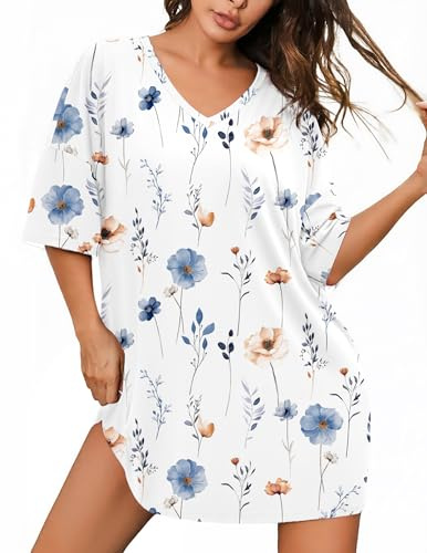 Ekouaer Kortärmad damnattlinne med V-ringning - Loungewear T-shirtklänning storlekar S–3XL, Vit blomma, XL