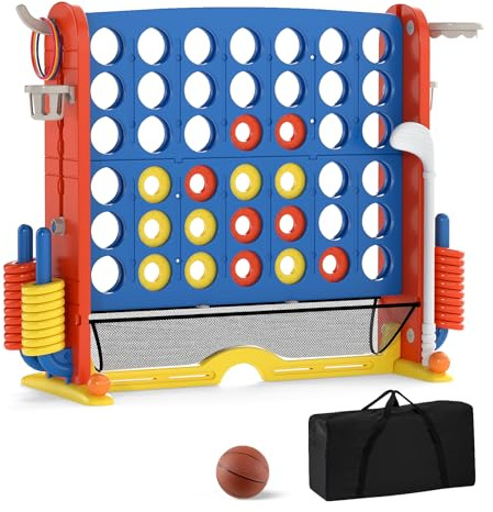 COSTWAY 4 en 1 Jeux Puissance 4 Géant avec 42 Anneaux et Filet, Jeu de Société avec Panier de Basket et Lancer d’Anneaux, Hauteur Réglable, Golf, Porte-gobelets et Sac, Intérieur Extérieur