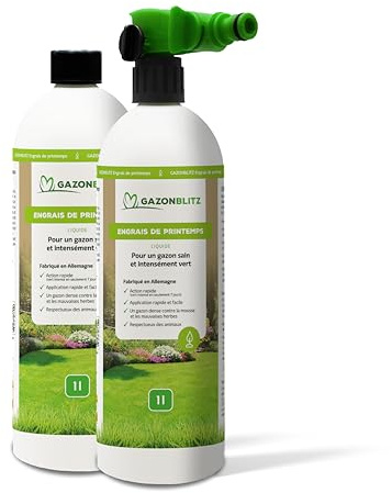 GAZONBLITZ™ - ENGRAIS DE PRINTEMPS - liquide – pour un gazon dense et d’un vert intense – action immédiate & utilisation facile, directement avec le tuyau d’arrosage (2 litres pour 100 à 200 m²)