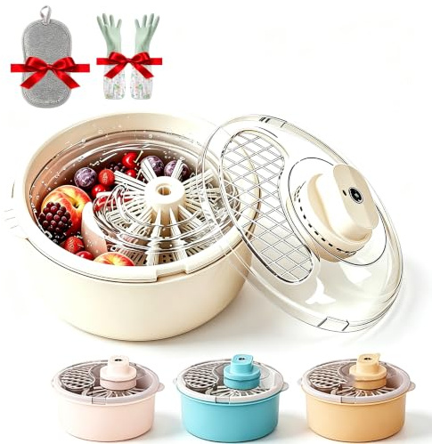 Fruit Spinner Cleaner, Fruit and Vegetable Washer with Non-Slip Base, Multifunctional Salad Spinner and Produce Washer for Kitchen Prep，White