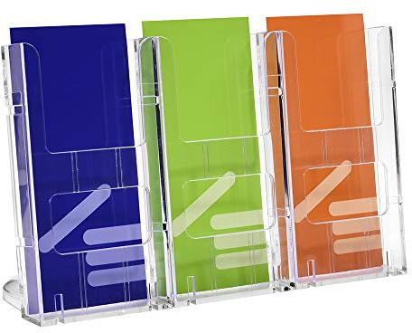 Tischprospekthalter DIN Lang (99x210mm) Hoch / 3 Fächer / transparent | Für Flyer und Prospekte in 99x210 mm, 23mm Fülltiefe je Fach, freistehend, transparent