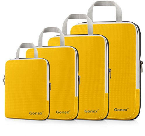 Gonex Organizador Maletas Equipaje, Bolsas Viaje Cubos Embalaje Almacenaje Extensibles Impermeable para Ropa Zapatos Cosméticos Accesorios Portatrajes Neceser Portátil, Kit de 4 pcs,Naranja