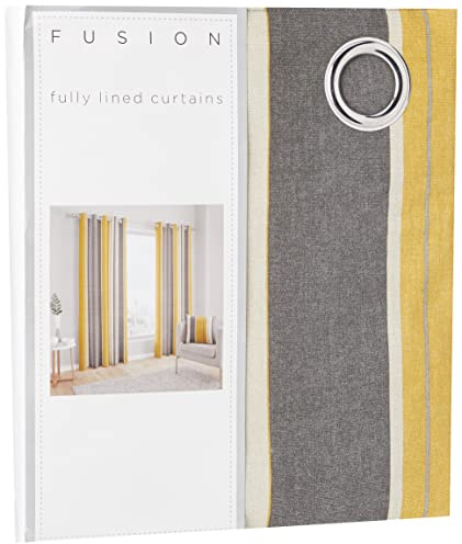 Fusion Matteo Grey & Ochre Stripe Cotton Curtains – W46 x L54 (117x137cm) – 2 Panels – Eyelet Drapes for Bedroom or Living Room – Yellow & Grey Striped Design – Matching Cushion Sold Separately