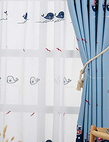 Lactraum Vorhang Kinderzimmer Junge Maritim mit Ösen Transparent Weiß Bestickt Delphin Möwe Tiere Voile 145 x 245cm