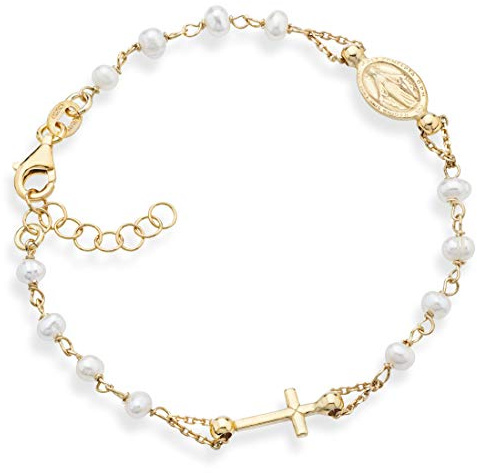 Miabella 18K Gold over 925 Sterling Silver 3.5-4mm White Cultured Freshwater Pearl Rosary Cross Charm Bead Bracelet for Women Teen Girls, Adjustable Link Chain 6 to 8 Inch 925 Italy (6 to 7)