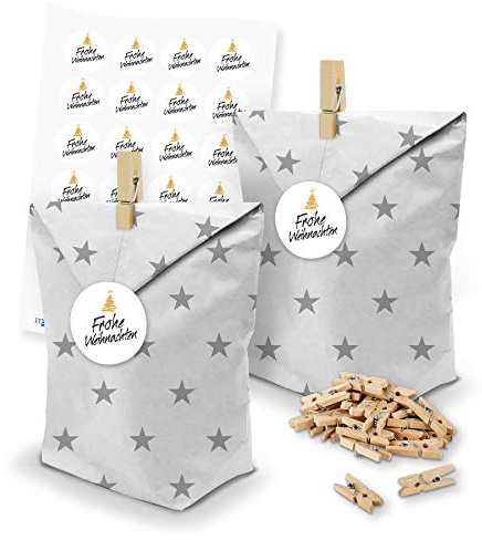 itenga Set 24x Geschenktüten Bodenbeutel aus Papier Bedruckt Muster Sterne Weiß Dunkelgrau inkl. 24 Klammern und Motivsticker Frohe Weihnachten - Gastgeschenk zum Füllen und Dekorieren