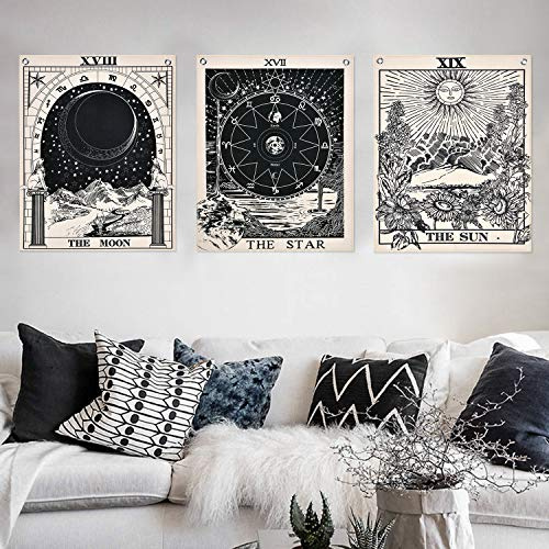 Alishomtll Tarot Wandbehang, Wandteppich Set, Sonne Mond und Stern Wandtuch mit Nägel, Schwarz und Weiss Baumwollleinen, 50 x 60 cm