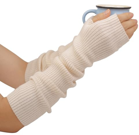 F Flammi Cashmere Blended Arm Warmer for Women Winter Fingerless Gloves Knit Mitten Gloves Wrist Warmer with Thumb Hole