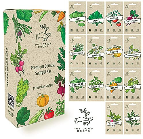 GEMÜSE SAMEN SET- 14 Sorten Premium Saatgut, Nachhaltiges Gemüse saatgut Anzuchtset anbauen im Garten oder Hochbeet, Gemüsesamen Sortiment im praktischen Gemüse Set Natur Saat von Put Down Roots
