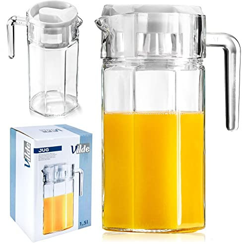 VILDE Jarra de cristal con tapa y boquilla | 1,5 litros | Jarra de cristal con tapa, jarra de agua, jarra de agua, jarra de agua, jarra de té, fruta, jarra de agua