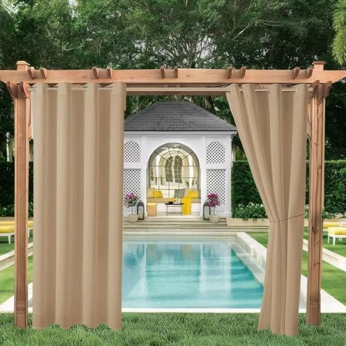 LiveGo Outdoor Vorhang Wetterfest Wasserdicht mit ösen,Outdoorvorhänge Gardinen für draußen Balkon terrasse Pavillon Aussen Outdoorvorhang Sonnenschutz Vorhänge Garten,Beige,2 Stück|132x213cm(BxH)