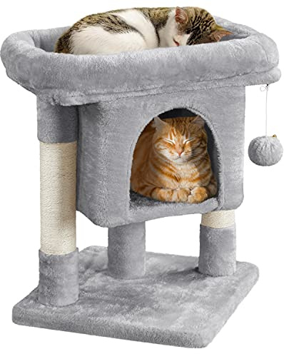 Yaheetech Arbre à Chat Design avec Niche et Plate-Forme Arbre-griffoir Tour pour Chat Hauteur 59cm Gris Clair