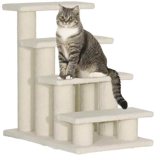 PawHut katttrappa - hundtrappa - 4 steg - flanellbeläggning med hög densitet - spånskiva struktur - beige