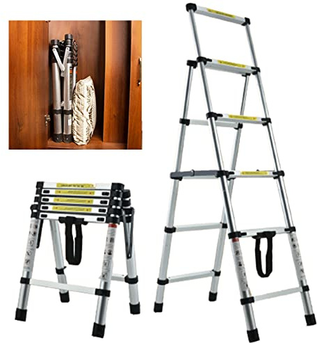 Telescopic Step Ladders 5 Step Aluminium Lightweight Folding Portable Ladder with Nonslip Wide Pedal Heavy Duty for Home Office Garage 330LB Max Load EN131 Safe Standard