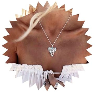 Yheakne Elefantenkopf Halskette Vintage Elefantenanhänger Halskette Silber Tierkette Lange Antike Halskette Kettenschmuck Für Frauen Und Mädchen