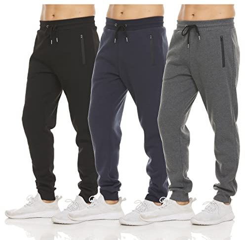 Pure Champ Mens 3 Pack Fleece Active Athletic Workout Jogger Sweatpants for Men with Zipper Pocket and Drawstring Size S-3XL (2X-Large, Set 2)