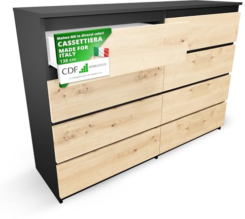 CDF Kommode Anthrazit Artisan mit 8 Schubladen 40 cm Tief Komodenschrank | Komode für Wohnzimmer Schlafzimmer Schubladenschrank Malm Kommode viel Stauraum Organizer Kleidung 138cm Breite Modern