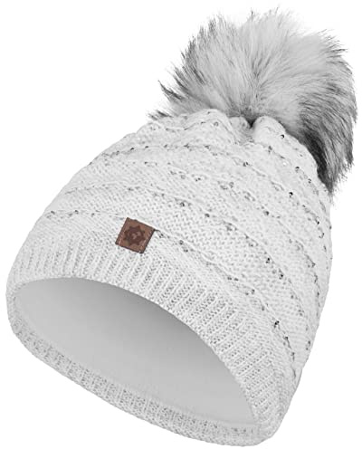 Compagno Wintermütze Strickmütze Damen Bommelmütze Fleece Futter Beanie Mütze 88, Farbe:Weiß