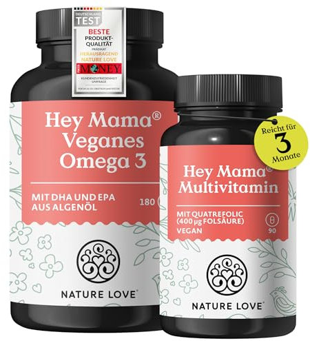 NATURE LOVE® Hey Mama Schwangerschaftsvitamine - von Kinderwunsch bis Stillzeit - 3 Monate Reichweite - Folsäure, Omega 3, Vitamine, Mineralstoffe - vegan - laborgeprüft & in Deutschland produziert