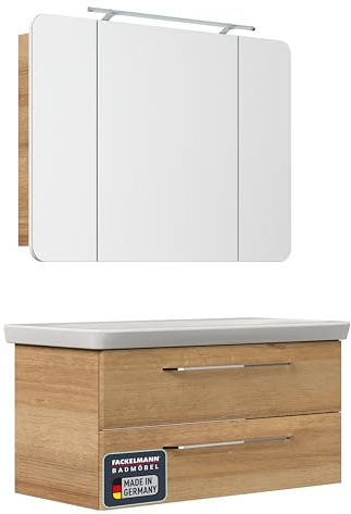 FACKELMANN Milano Badmöbelset 3-teilig, 100 cm Breite, Waschtisch mit Unterschrank und Spiegelschrank in Holz braun, inkl. LED-Beleuchtung mit Soft-Close-System