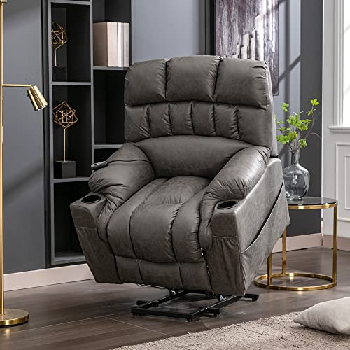 Merax Electric Lift Recliner Chair Power Massage Lumbar Heat for Elderly,Motion Reclining Mechanism,Ergonomic Lounge Single Sofa Seat Living Room Lounge Recliners with 2 Cup Holders-Extra Large Grey