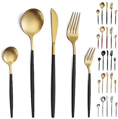 Pleafind couverts de table, 30 pièces de couverts pour 6 personnes, couverts inox, couverts or et noir, set couverts de table avec couteau, fourchette, cuillère, va au lave-vaisselle