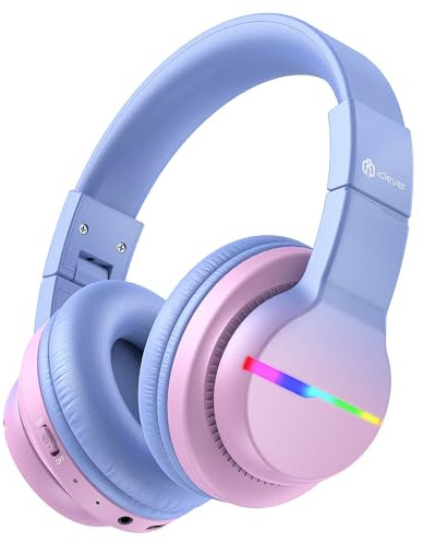 iClever Bluetooth Kinder Kopfhörer, Farbige LED-Leuchten, Kinderkopfhörer Over-Ear mit 74/85dBA Lautstärkebegrenzung, 85 Stunden Spielzeit, Bluetooth 5.2, eingebautes Mikrofon BTH12