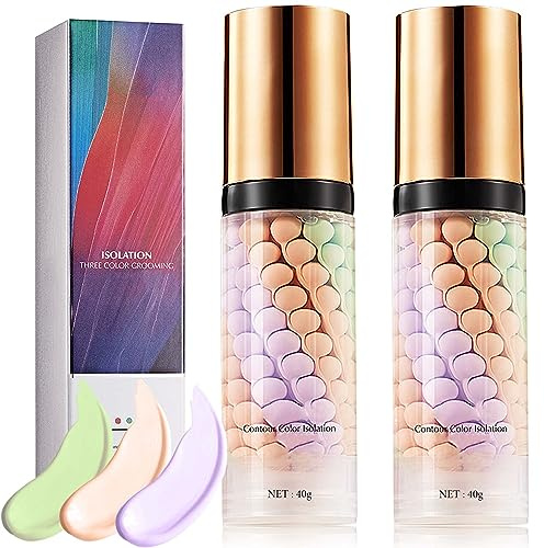 2 Pcs 3 In 1 Primer for Face Before Makeup,One Step Color Corrector Makeup Primer,Moisturizing Skin Tone Color Correcting Primer,Tricolor Tinted Moisturizer,Oil Control Isolation Cream