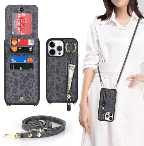Zouzt Crossbody Wallet Case for iPhone 14 Pro Max, with Strap,Black Leopard | Lanyard Purse, 4 Card Holder, 360° Ring Kickstand, PU Leather Zipper Handbag, Shockproof TPU, Back Flip Phone Cover for Women