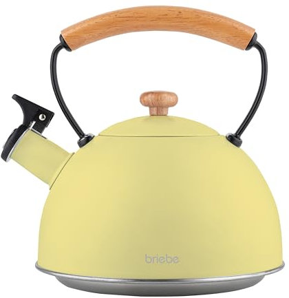 briebe Retro Bollitore Induzione a Fischio 2,3 L, Acciaio Inossidabile, Tutti Fornelli: Vetroceramica, Gas, Elettrico, Manico in Legno Cool Touch, per Tè, Caffè, Vintage, Tea Pot, Giallo