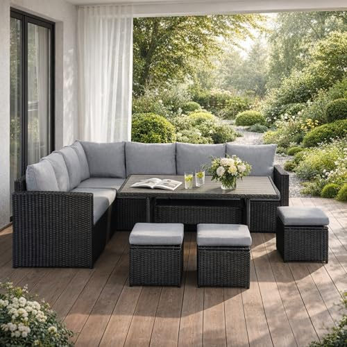 LANOX Polyrattan Gartenlounge Set 7-teilig für 8-10 Personen, Schwarz | Modulares L-Design mit Stauraum-Tisch, wetterfeste Rattan Gartenmöbel inkl. Kissen für Terrasse, Balkon & Wintergarten