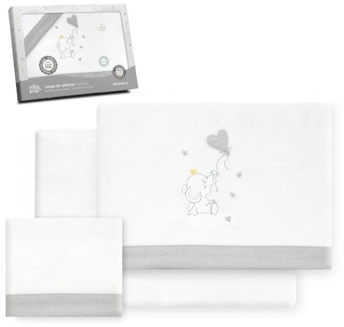 Interbaby Bettwäsche-Set für Kinderbett, 60 x 120 cm, 100% Baumwolle, warm, weich, inklusive Spannbettlaken, Bettbezug und Kissenbezug, ideal für den Winter, Elefantenballon Herz, Weiß/Grau