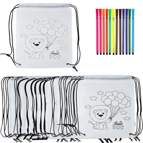 Rucksack zum Bemalen für Kinder,stoffbeutel zum ausmalen für kinder,15 Stück Stoffbeutel zum Bemalen für Kinders Set,DIY Taschen Bemalens mit 12 Graffiti Stift Geschenk Kinders auf Festen Geburtstagen