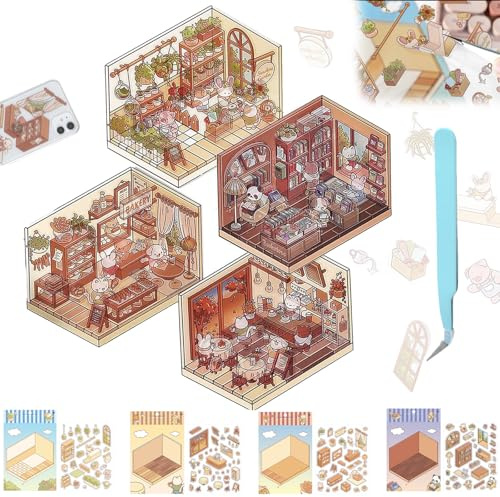 enseak 4 Sets DIY 3D House Stickers,3D House Sticker Set,2024 DIY 3D House Stickers, Make Your Own Supermarket|Coffee Shop|Restaurant|Bookstore,Fun Cute Scene Stickers Relief Stress for Adult Kids