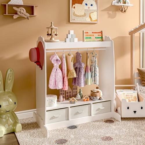[en.casa] Armadio Guardaroba per Bambini con Barra Appendiabiti e Specchio 107x95x61 cm Appendiabiti per Cameretta a Misura di Bimbi con 3 Scatole Pieghevoli - Bianco