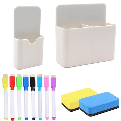 Portapenne magnetico, 2 pezzi, con 2 pezzi di spugna per lavagna bianca e 8 pennarelli, per scuola, ufficio, magnetico, per frigorifero, armadietto (bianco)