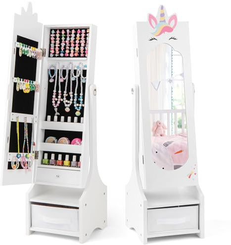 COSTWAY Kinder Schmuckschrank, 2 in 1 Spiegelschrank neigbar mit Ganzkörperspiegel, Schublade & Aufbewahrunskorb, Schmuckständer Schminkspiegel Einhorn, 31,5 x 30 x 115 cm (Weiß)