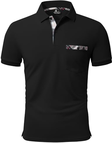geeksport Polo Hombre Golf Manga Corta Color Contraste Cuadros Elegante Transpirable Slim Fit Camiseta de Polo Verano Negocios con Bolsillo en el Pecho para Homb(Negro XL)