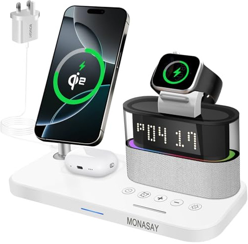 MONASAY Wireless Charging Station Qi2 5 in 1, 23W Wireless Charger with Alarm Clock for Multiple Devices, Magnetic Charger Stand for iPhone 17/16/15/14/13 Series and AirPods, Apple Watch Series, White