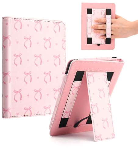 Pink Bow Case for 7/ 6.8“ Kindle Paperwhite 12th/11th Generation,Hand Strap Stand Book Cover Sleeve for Kindle Colorsoft Signature Edition,2025 Cute Coquette Ereader Ebook Gifts