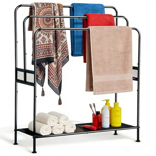 WeGXY 44 Extra Large Free Standing Towel Rack - 3 Tier Outdoor Pool Towel Holder, Versatile Blanket and Quilt Rack Stand for Living Room, Bathroom, Bedroom, Beach, Hot Tub, Gym and Pool Area Outside