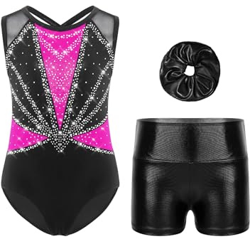 Oyolan Enfant Fille Justaucorps Short Gymnastique Leotard Danse sans Manches Strass Ensemble Tenue Patinage Artistique Rose vif 9-10 ans