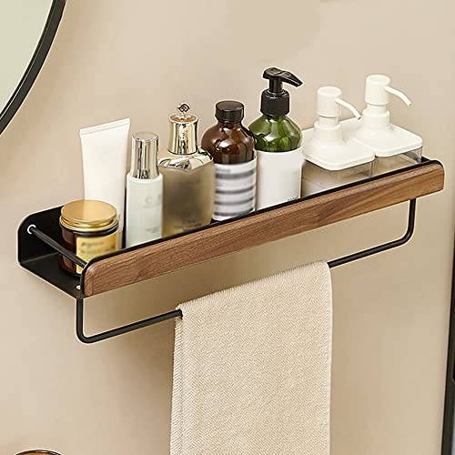 Organizador de ducha de nogal – Estante flotante montado en la pared, organizador de baño multifuncional con toallero, almacenamiento elegante para cocinas, dormitorios y baños – poste de 50 cm